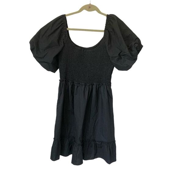 And Now This Mini Dress Large Smocked Short Puff Sleeves A-Line Cotton Black New - Picture 3 of 11